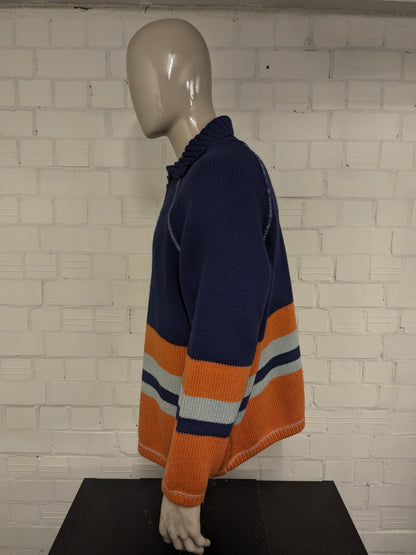 GAS blue jeans Wool sweater with zipper. Blue Orange Gray colored Size 2XL / XXL. 50% Wool.