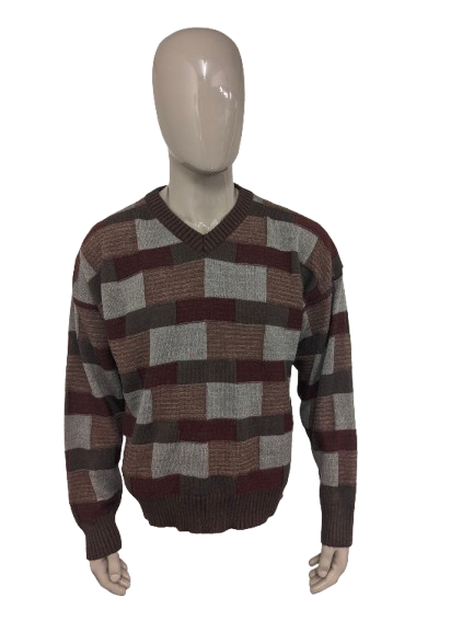 Suéter vintage de Lana Peruana de Alpaca con Cuello en V. Color rojo marrón gris. Talla XL. 30% Lana y 20% Alpaca.