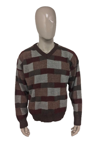 Suéter vintage de Lana Peruana de Alpaca con Cuello en V. Color rojo marrón gris. Talla XL. 30% Lana y 20% Alpaca.