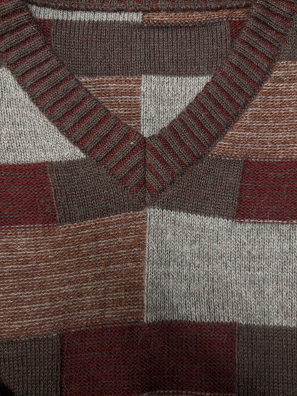 Suéter vintage de Lana Peruana de Alpaca con Cuello en V. Color rojo marrón gris. Talla XL. 30% Lana y 20% Alpaca.