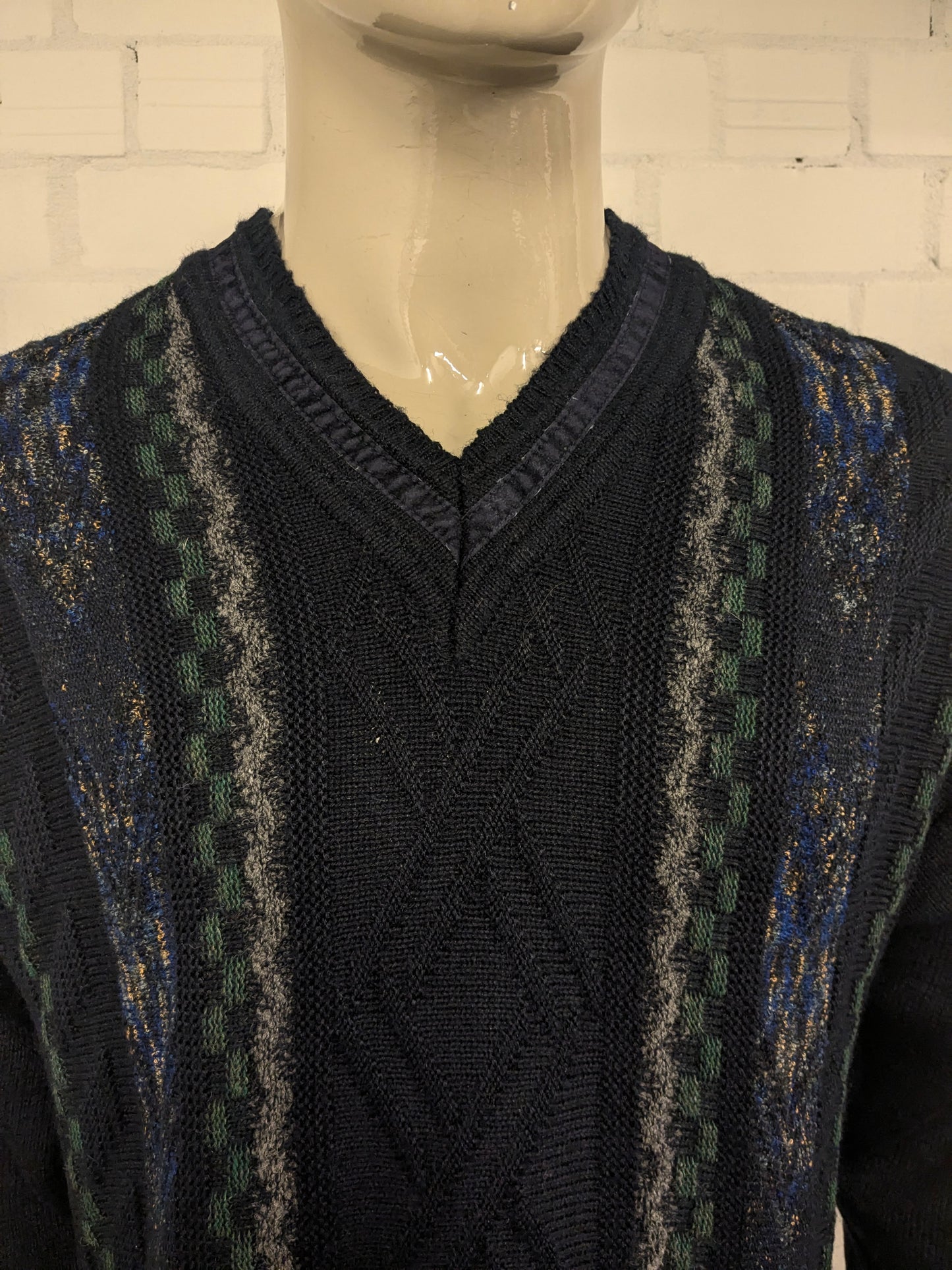 Jersey vintage Gianni M by Hajo con cuello en V. Color azul gris verde. Talla L.