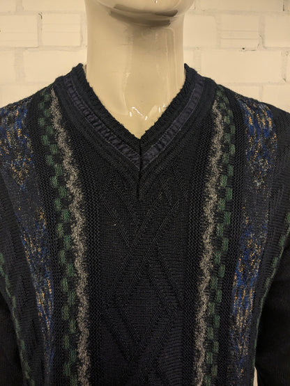 Jersey vintage Gianni M by Hajo con cuello en V. Color azul gris verde. Talla L.