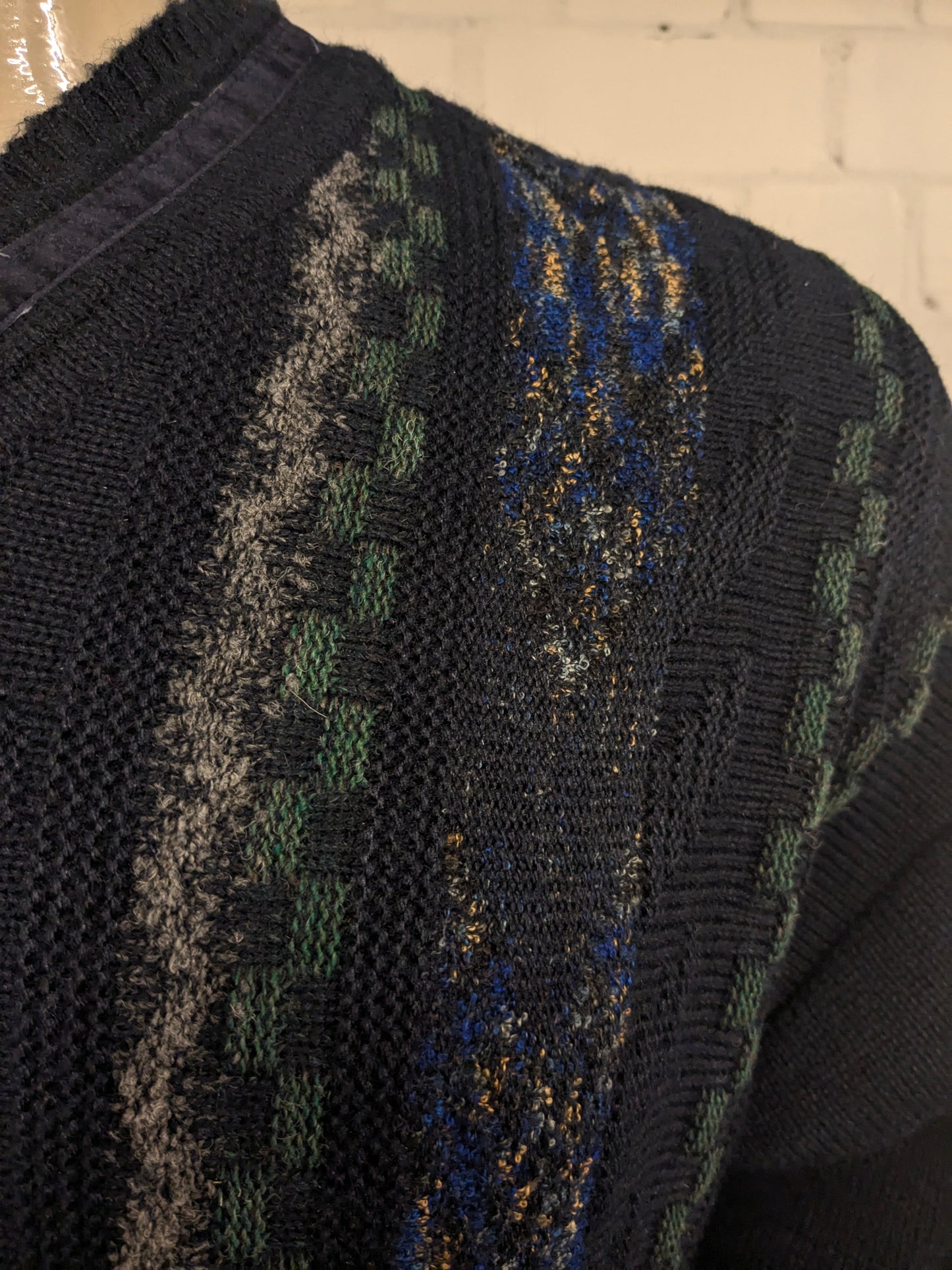 Jersey vintage Gianni M by Hajo con cuello en V. Color azul gris verde. Talla L.