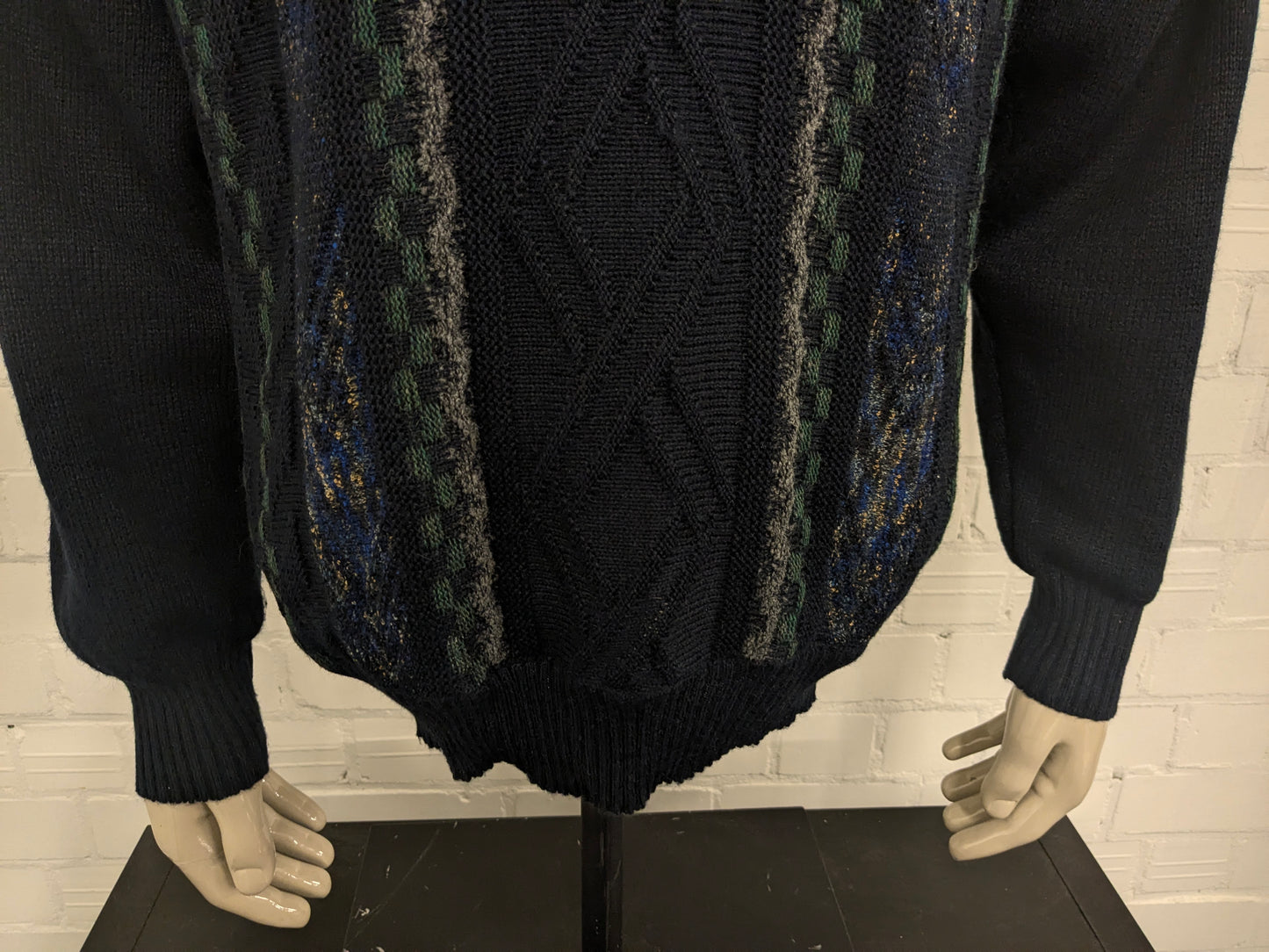 Jersey vintage Gianni M by Hajo con cuello en V. Color azul gris verde. Talla L.