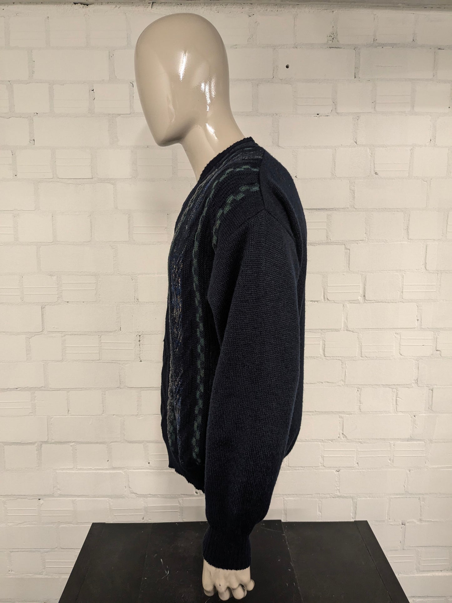 Jersey vintage Gianni M by Hajo con cuello en V. Color azul gris verde. Talla L.