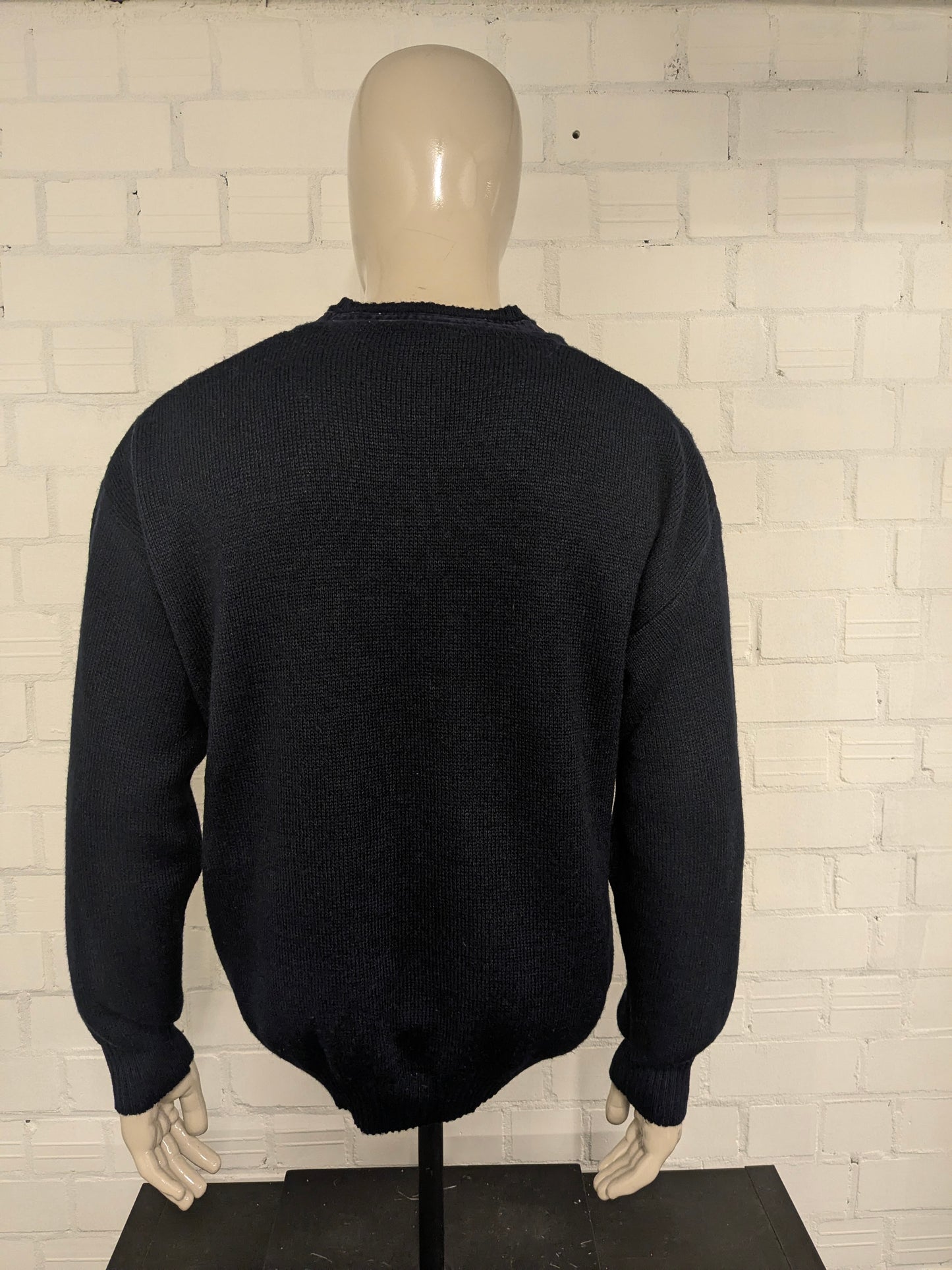 Jersey vintage Gianni M by Hajo con cuello en V. Color azul gris verde. Talla L.