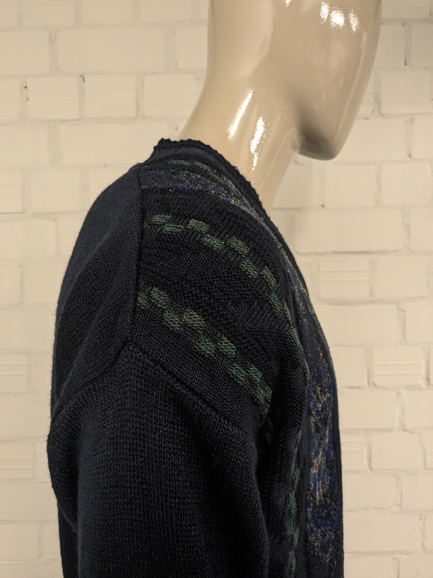 Jersey vintage Gianni M by Hajo con cuello en V. Color azul gris verde. Talla L.