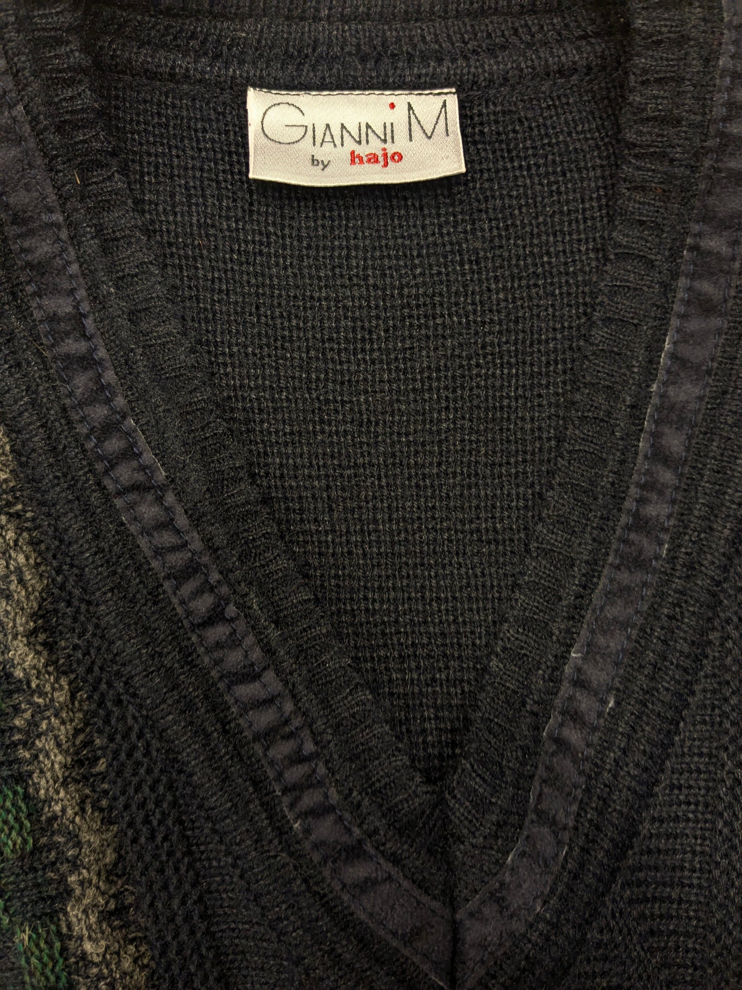 Jersey vintage Gianni M by Hajo con cuello en V. Color azul gris verde. Talla L.