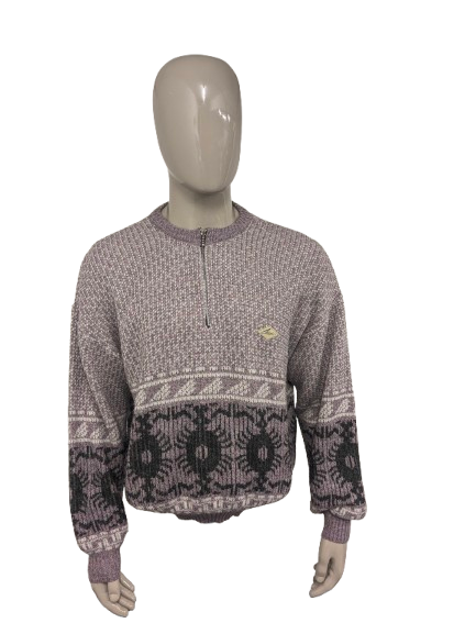 Vintage-Pullover aus kalifornischer Wolle mit Reißverschluss – rosa/weiß/grau meliert – Größe XL