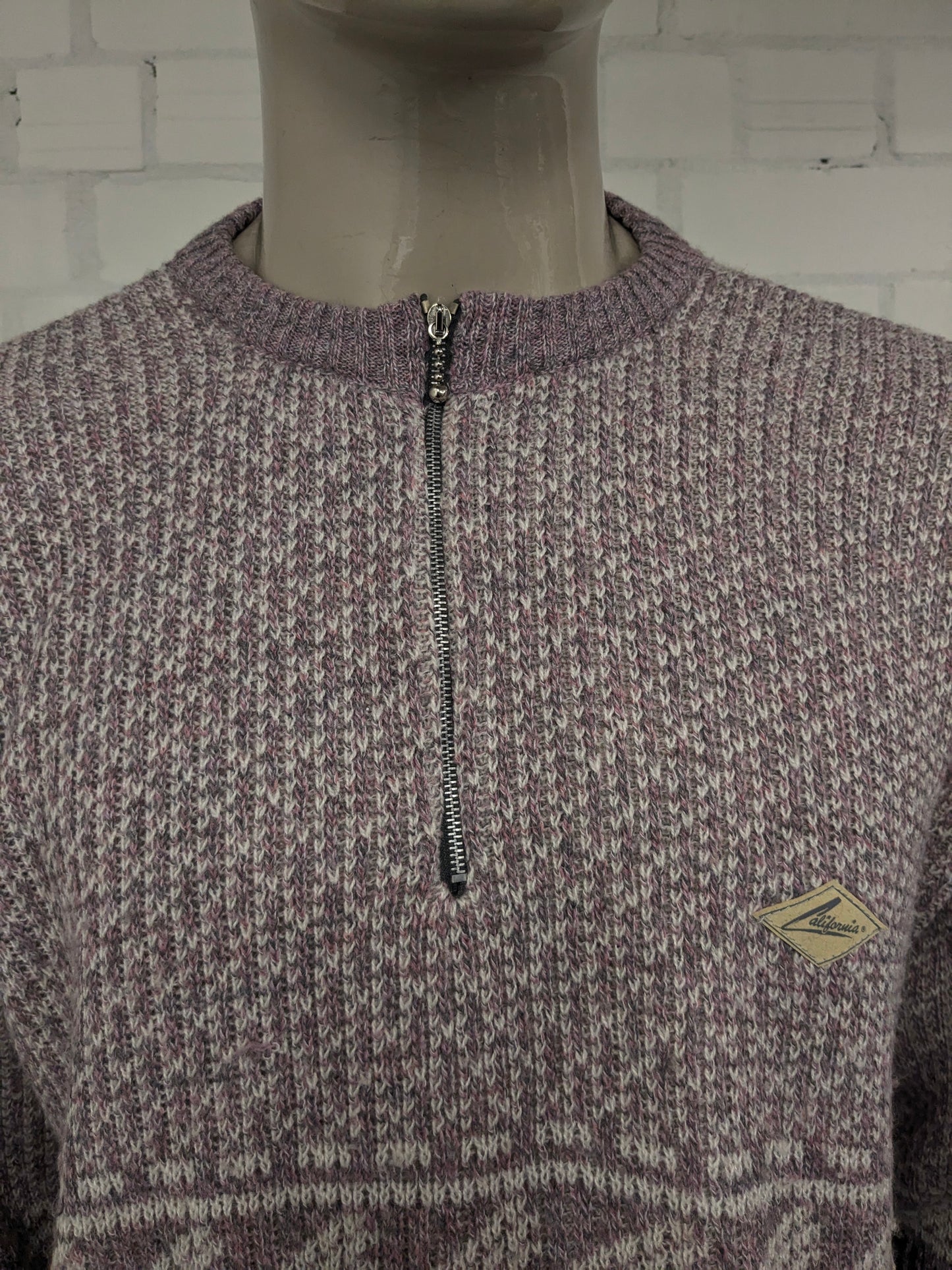 Vintage California Wool sweater with zipper. Pink White Gray mixed. Size XL. 30% Wool.