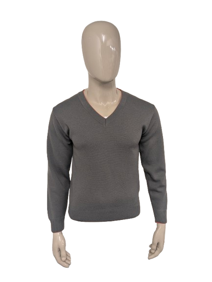 Vintage Celexta Wollpullover mit V-Ausschnitt – grau/orange – Größe S