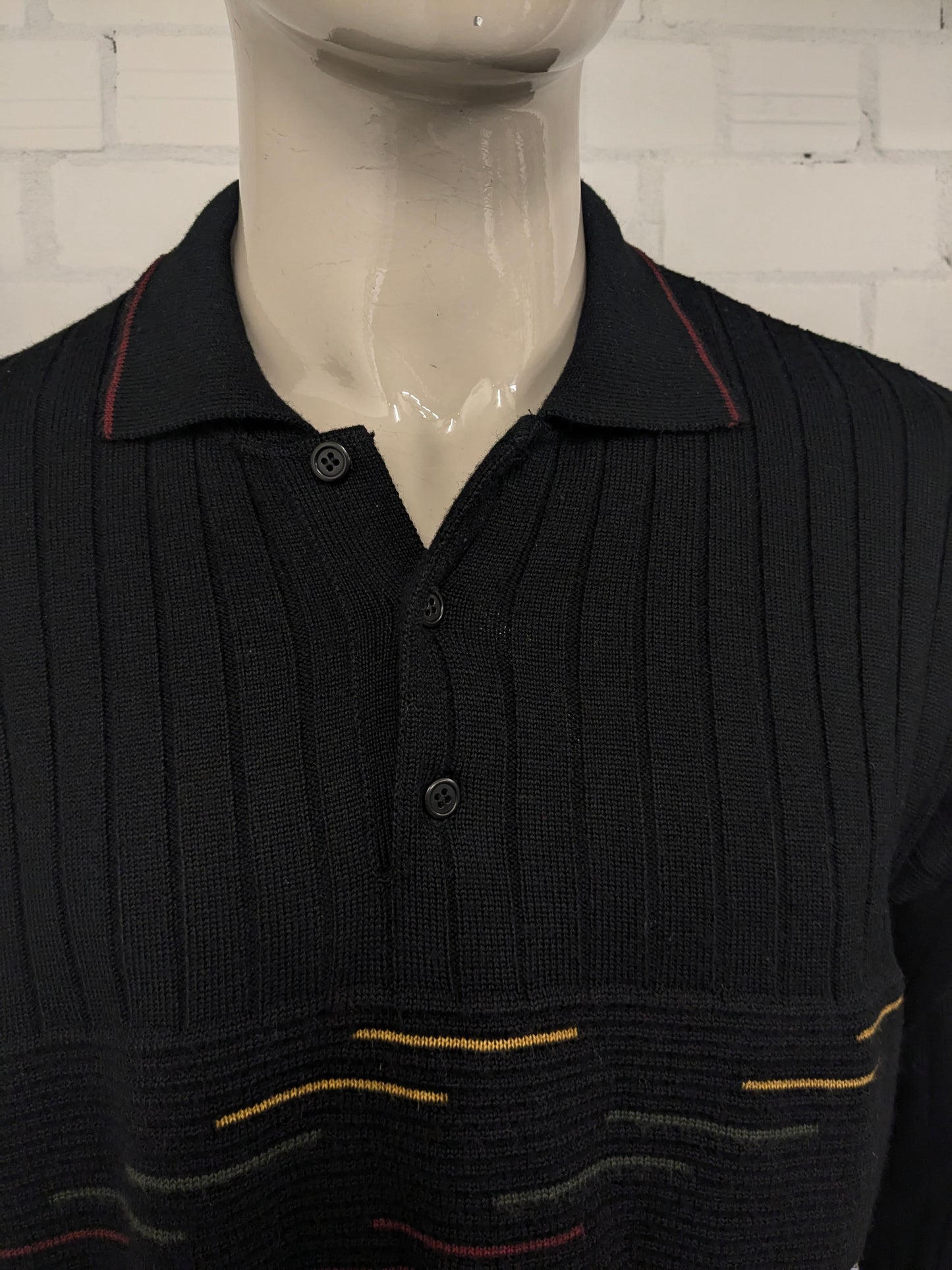 Vintage Greenfield Wool polo sweater. Colored black. Size XL. 50% Wool.