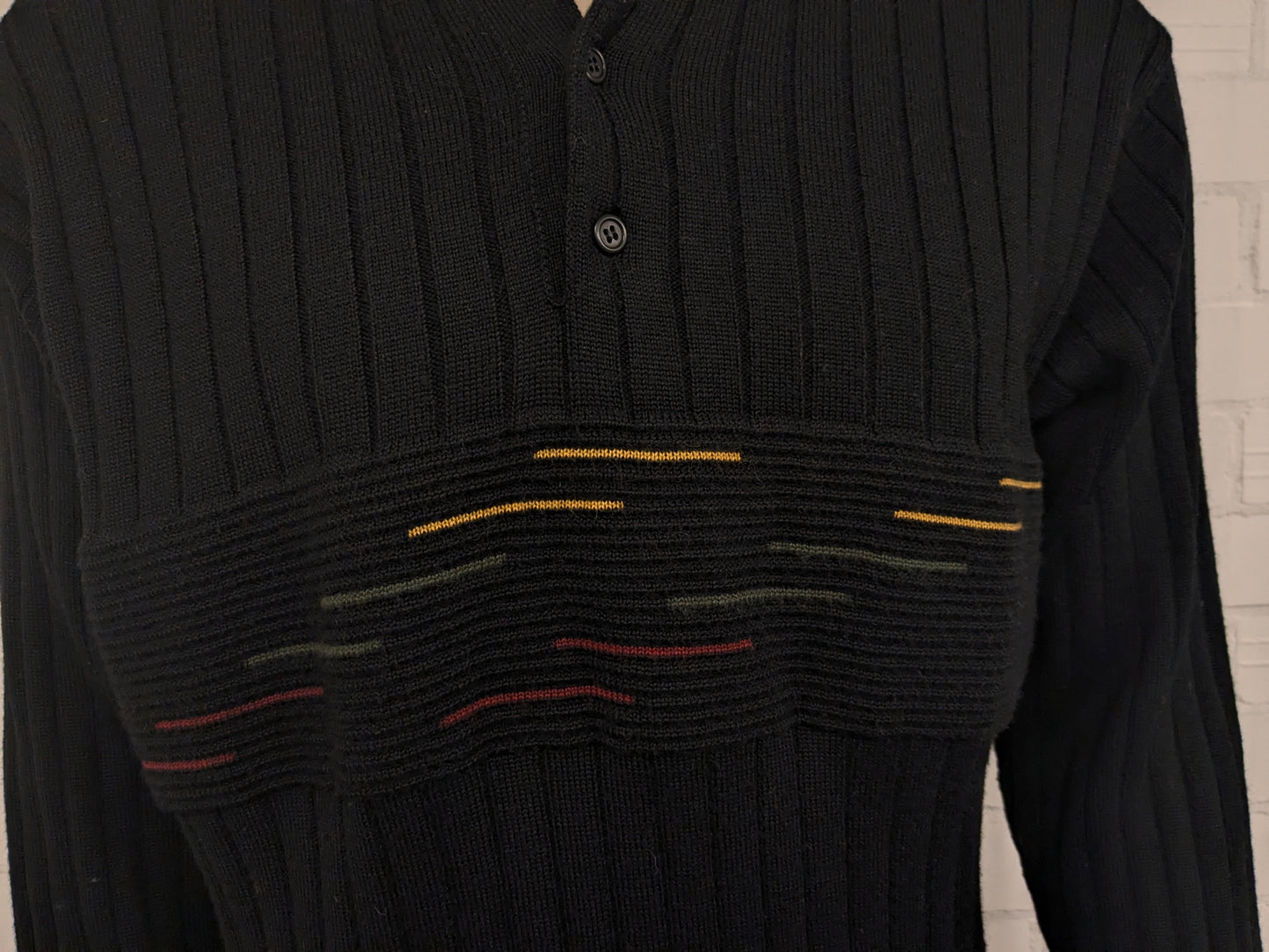 Vintage Greenfield Wool polo sweater. Colored black. Size XL. 50% Wool.