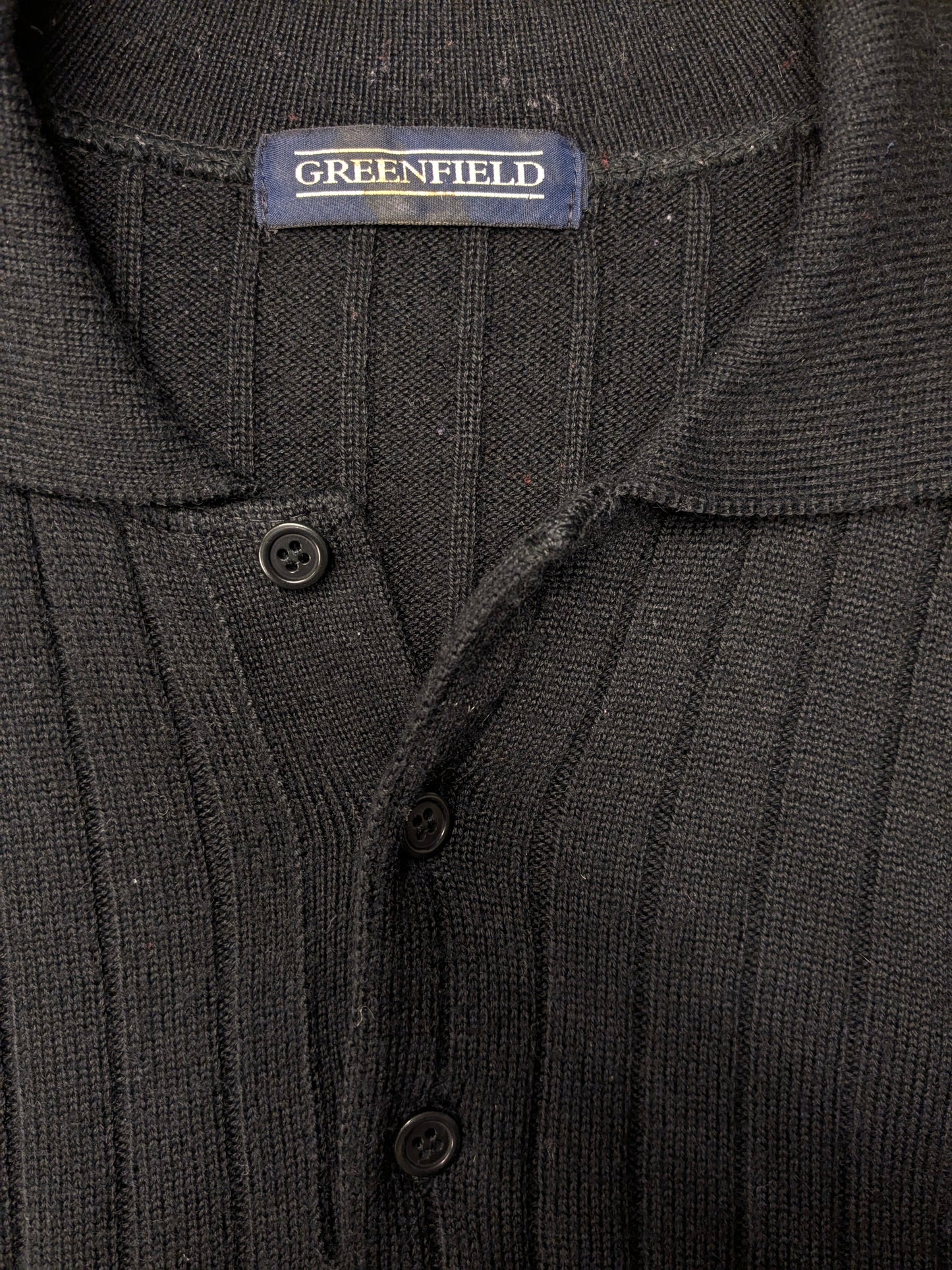 Vintage Greenfield Wool polo sweater. Colored black. Size XL. 50% Wool.
