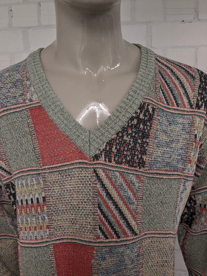 Maglione vintage Monte Carlo con scollo a V. Motivo colorato. Taglia L.