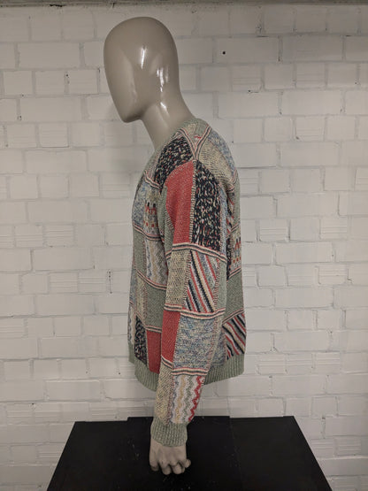 Maglione vintage Monte Carlo con scollo a V. Motivo colorato. Taglia L.