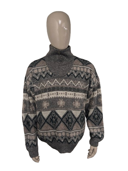 Vintage trui met rits. Groen Grijs Bruin Wit gekleurd. Maat 2XL / XXL.