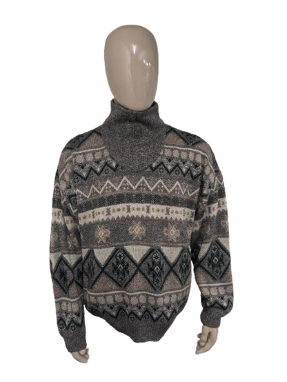 Vintage trui met rits. Groen Grijs Bruin Wit gekleurd. Maat 2XL / XXL.