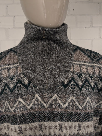 Vintage trui met rits. Groen Grijs Bruin Wit gekleurd. Maat 2XL / XXL.