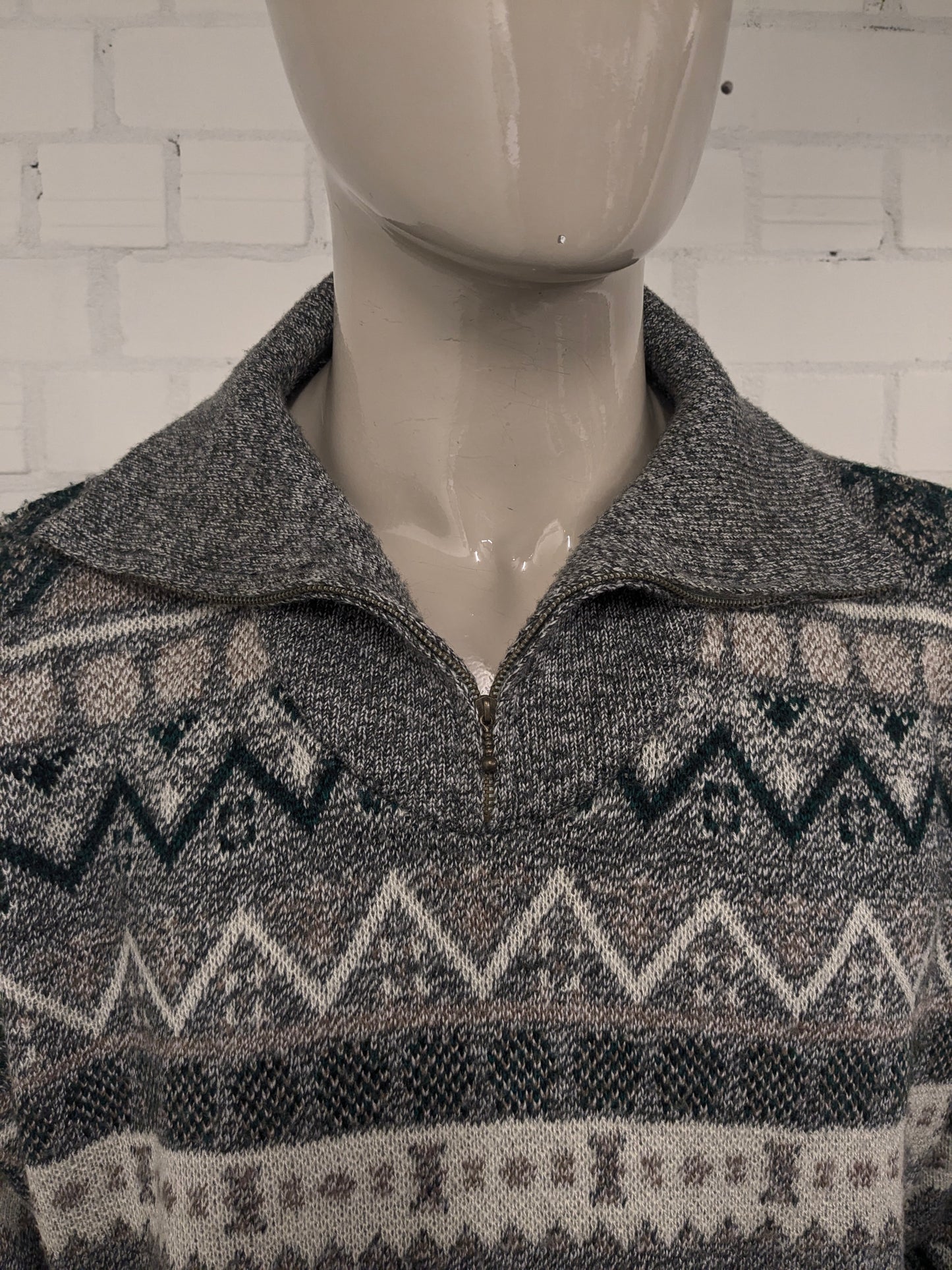 Vintage trui met rits. Groen Grijs Bruin Wit gekleurd. Maat 2XL / XXL.