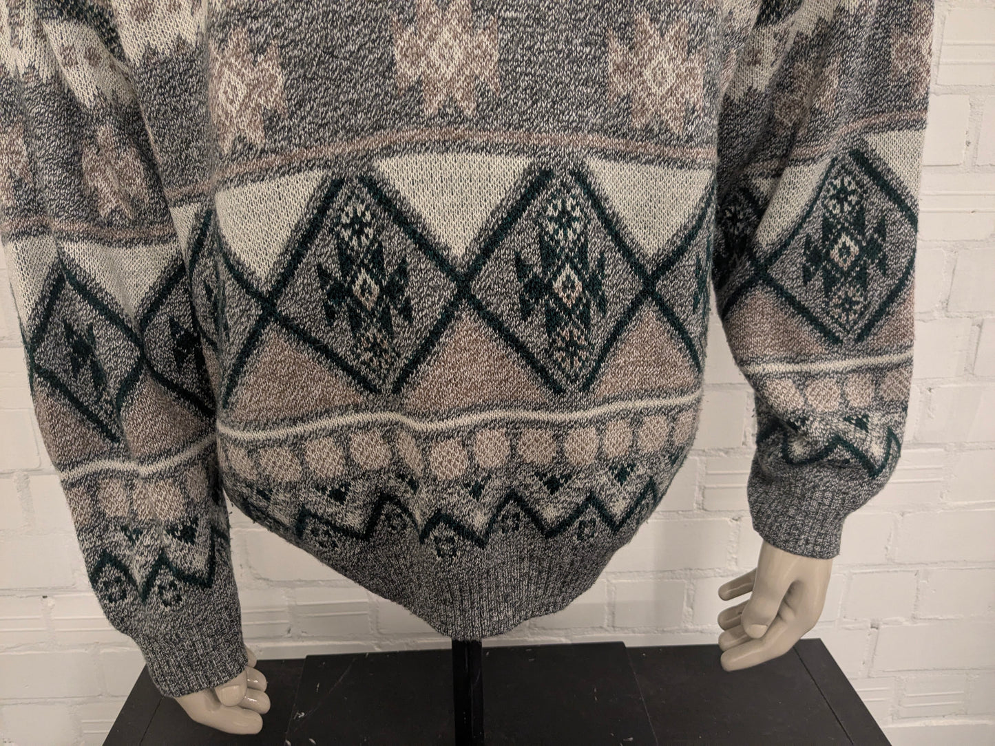 Vintage trui met rits. Groen Grijs Bruin Wit gekleurd. Maat 2XL / XXL.