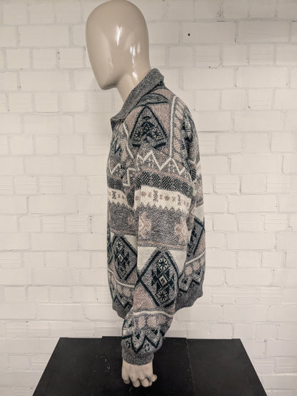 Vintage trui met rits. Groen Grijs Bruin Wit gekleurd. Maat 2XL / XXL.