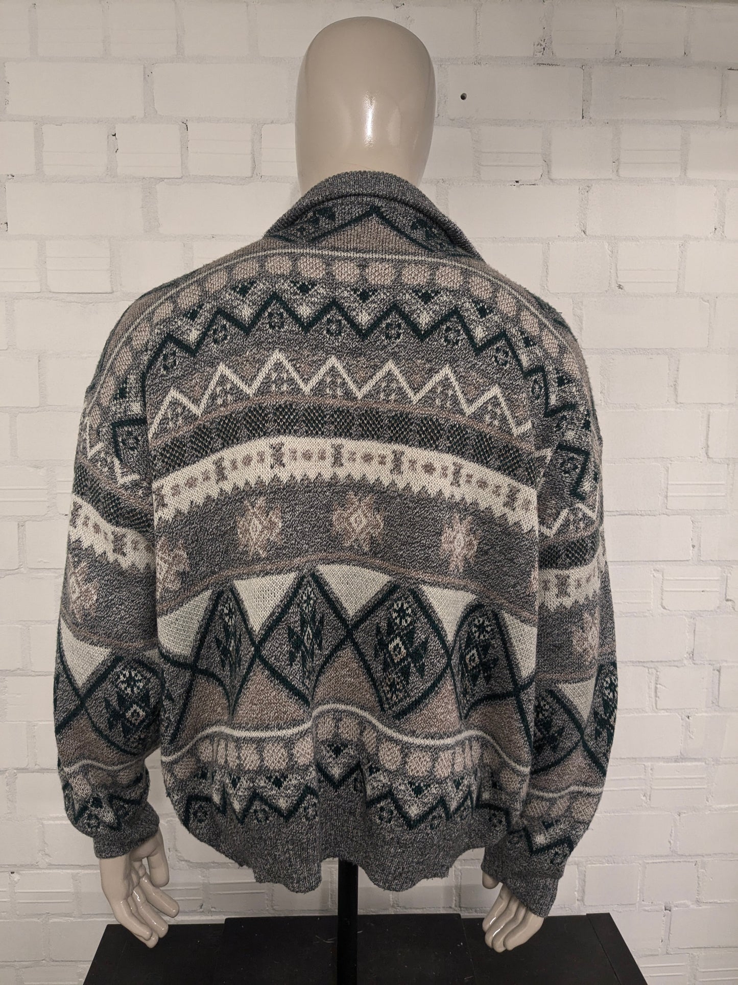 Vintage trui met rits. Groen Grijs Bruin Wit gekleurd. Maat 2XL / XXL.