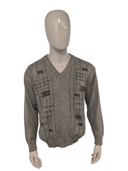 Maglione vintage Marc René in lana con scollo a V. Colore Verde Marrone Beige. Taglia M. 40% Lana.