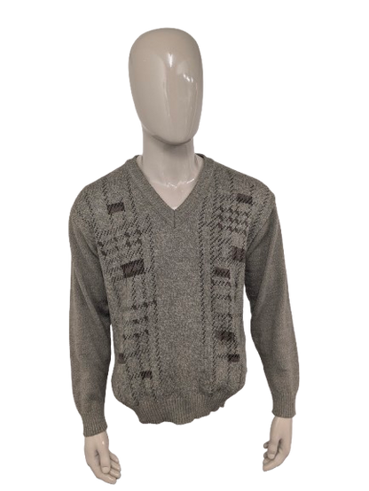 Maglione vintage Marc René in lana con scollo a V. Colore Verde Marrone Beige. Taglia M. 40% Lana.