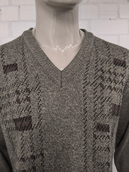 Maglione vintage Marc René in lana con scollo a V. Colore Verde Marrone Beige. Taglia M. 40% Lana.
