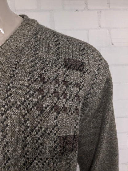 Maglione vintage Marc René in lana con scollo a V. Colore Verde Marrone Beige. Taglia M. 40% Lana.