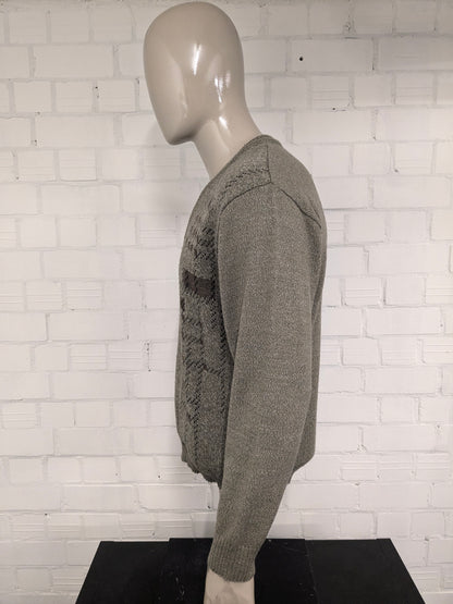 Maglione vintage Marc René in lana con scollo a V. Colore Verde Marrone Beige. Taglia M. 40% Lana.