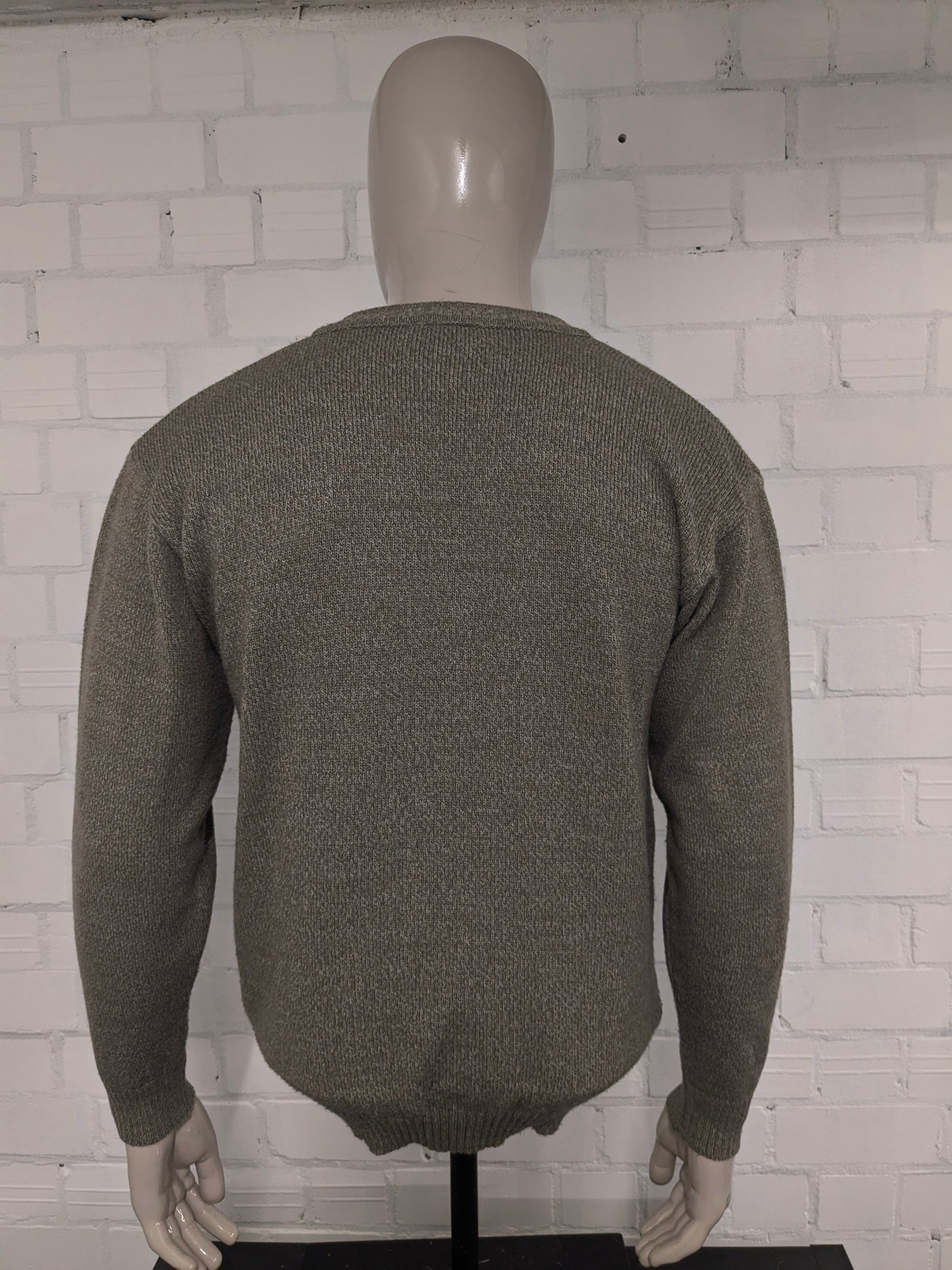 Maglione vintage Marc René in lana con scollo a V. Colore Verde Marrone Beige. Taglia M. 40% Lana.