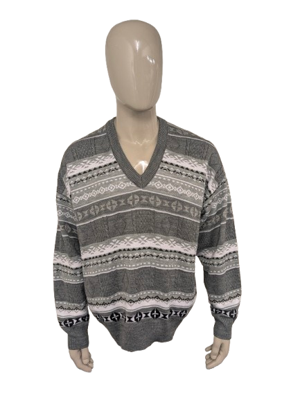 Vintage Schandiz Pullover mit V-Ausschnitt – grau/weiß/schwarz/grün – Größe XL