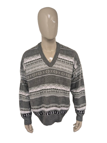 Vintage Schandiz sweater with V-neck. Gray White Black Green colored. Size XL.