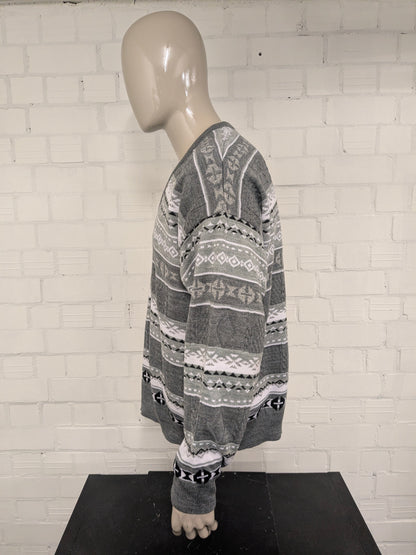 Vintage Schandiz sweater with V-neck. Gray White Black Green colored. Size XL.