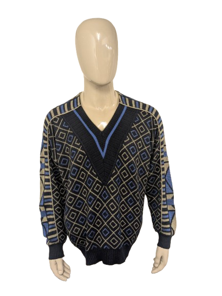 Vintage Alva Modo Pullover mit V-Ausschnitt – grün/blau/schwarz – Größe XL