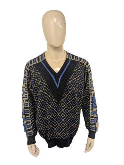 Vintage Alva Modo trui met V-Hals. Groen Blauw Zwart gekleurd. Maat XL.