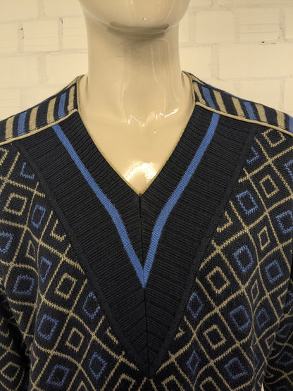 Vintage Alva Modo trui met V-Hals. Groen Blauw Zwart gekleurd. Maat XL.