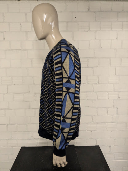 Vintage Alva Modo trui met V-Hals. Groen Blauw Zwart gekleurd. Maat XL.