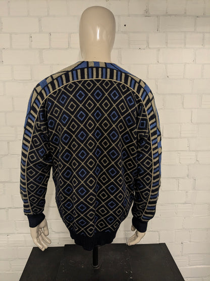 Vintage Alva Modo trui met V-Hals. Groen Blauw Zwart gekleurd. Maat XL.