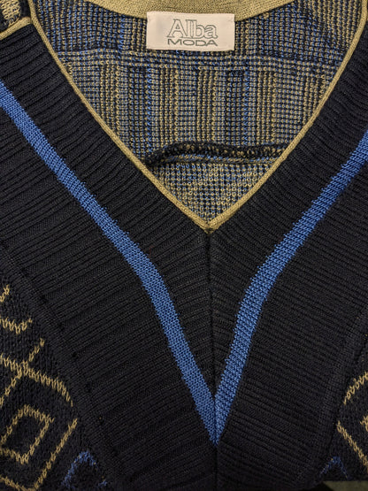 Vintage Alva Modo trui met V-Hals. Groen Blauw Zwart gekleurd. Maat XL.