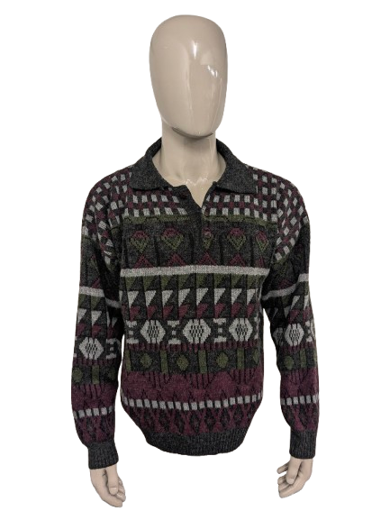 Vintage Wool polo sweater. Green Gray Red colored. Size 2XL / XXL.