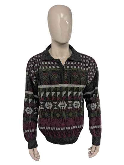 Vintage Wool polo sweater. Green Gray Red colored. Size 2XL / XXL.