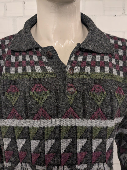 Vintage Wool polo sweater. Green Gray Red colored. Size 2XL / XXL.