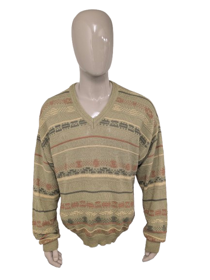 Vintage Gira Mondo trui met V-Hals. Groen Oranje Geel gekleurd. Maat XL.