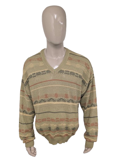 Vintage Gira Mondo trui met V-Hals. Groen Oranje Geel gekleurd. Maat XL.
