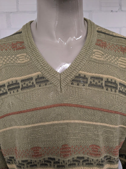 Vintage Gira Mondo trui met V-Hals. Groen Oranje Geel gekleurd. Maat XL.