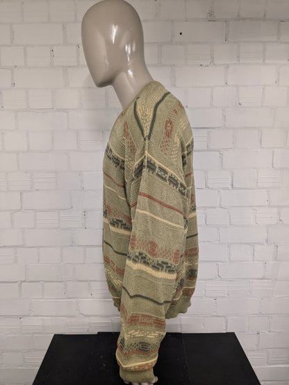 Vintage Gira Mondo trui met V-Hals. Groen Oranje Geel gekleurd. Maat XL.