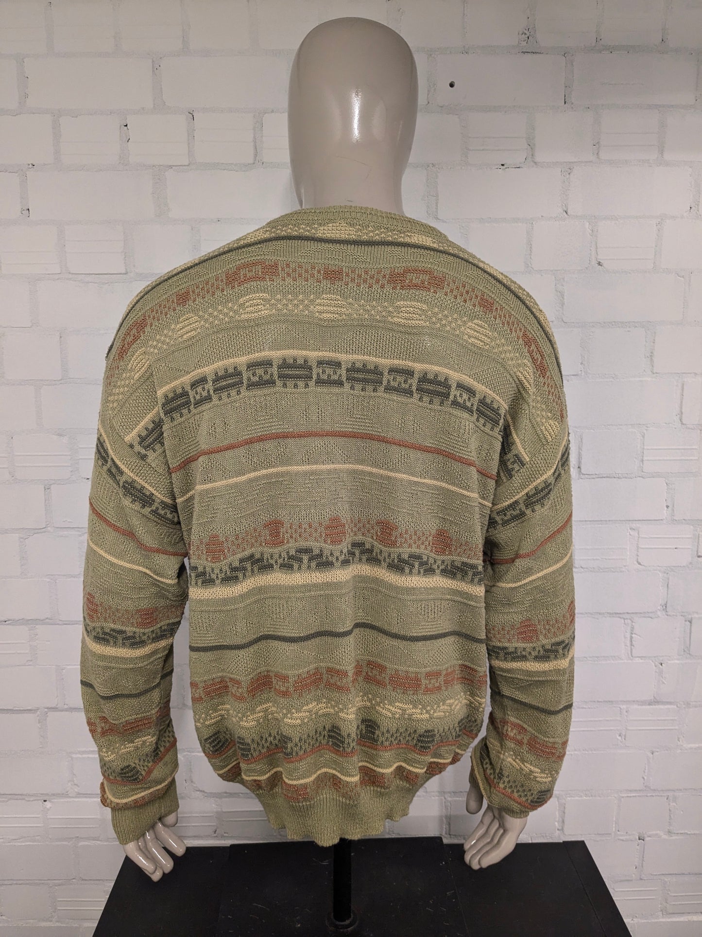 Vintage Gira Mondo trui met V-Hals. Groen Oranje Geel gekleurd. Maat XL.